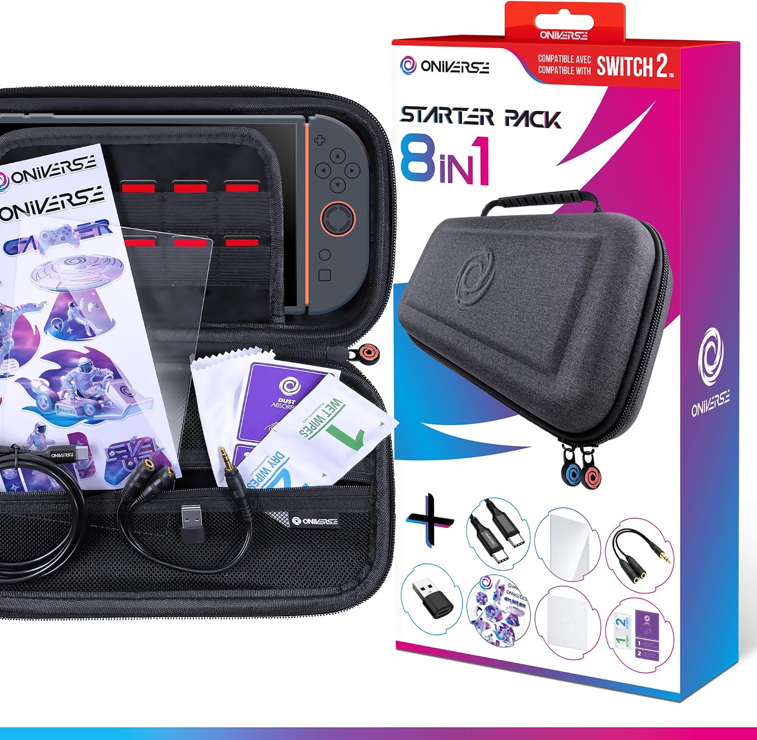 Oniverse Etui Switch 2 Zestaw startowy 8w1: etui, szkło ochronne, rodzielacz audio, chusteczki i ściereczki, naklejki, kabel USB-C 1.5m