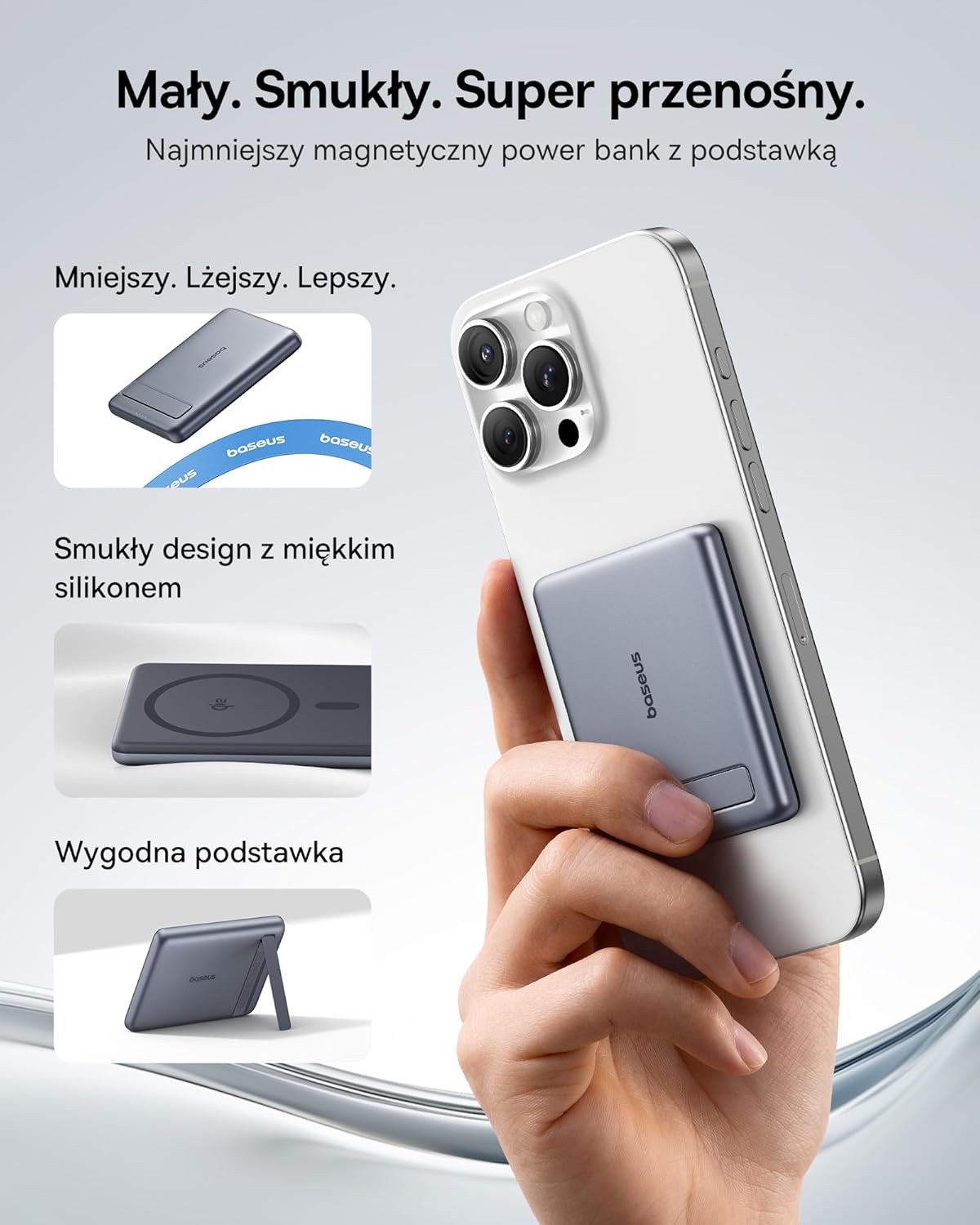 Baseus Mini MagSafe Powerbank 5000mAh Qi2 ze składaną podstawką, PD 20W Magnetic Power Bank USB-C