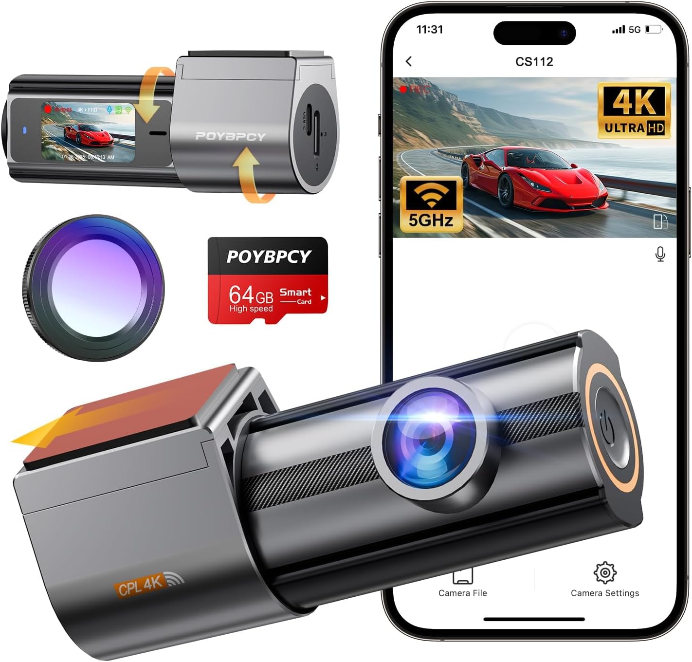 Kamera samochodowa POYBPCY, przednia, 4K, WiFi 5GHz, z CPL, UHD 2160P, monitor parkowania 24 godz +  karta 64 GB
