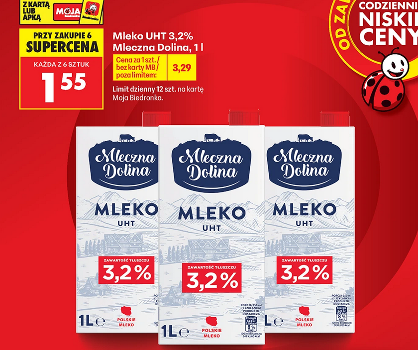 Mleko UHT 3.2% Mleczna Dolina, 1 L (przy zakupie 6 opakowań)