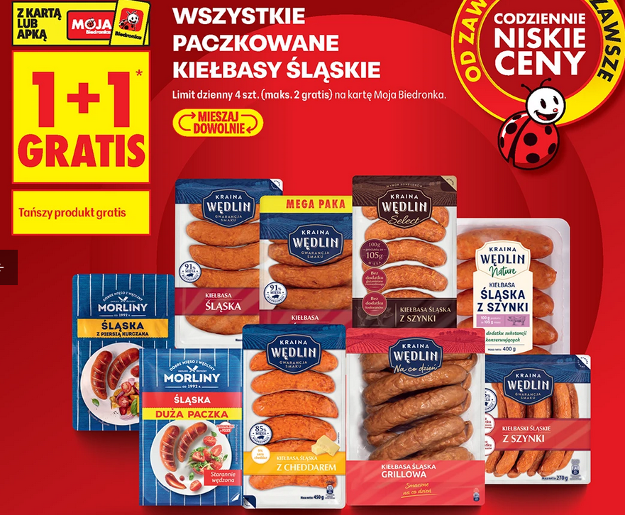 Wsztystkie paczkowane kiełbasy Śląskie (1+1 GRATiS)