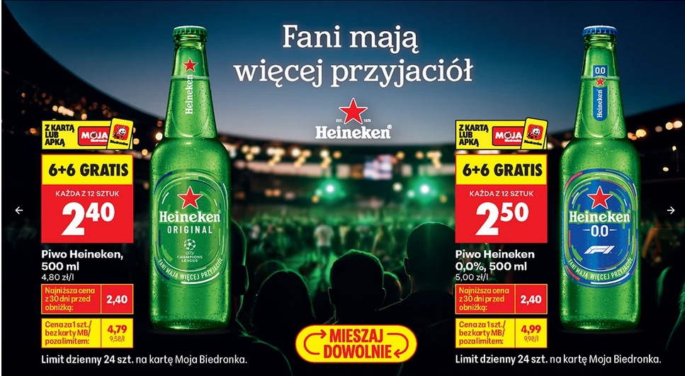Piwo Heineken, 500 ML (6+6 GRATIS) - (o 10 groszy drożej Piwo Heineken 0.0%, 500 ML)