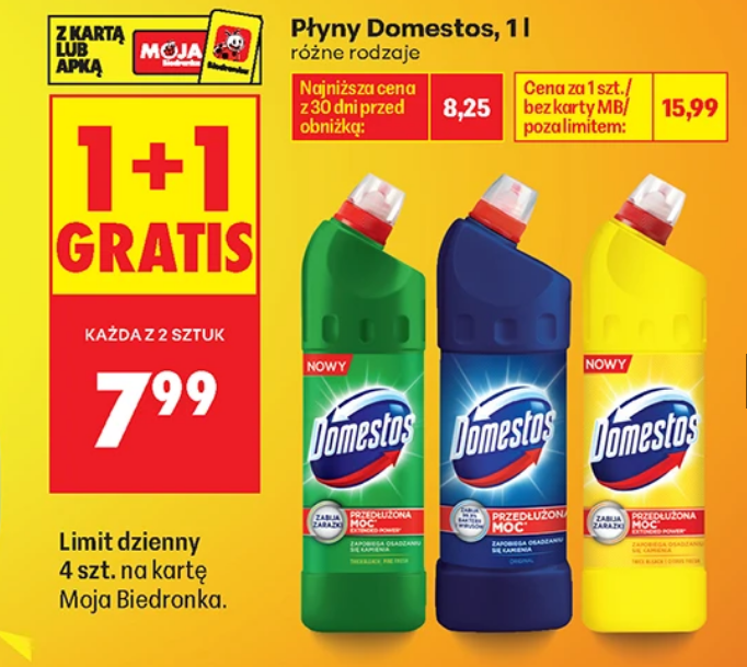 Płyny Domestos, 1 L, rózne rodzaje (1+1 GRATIS)