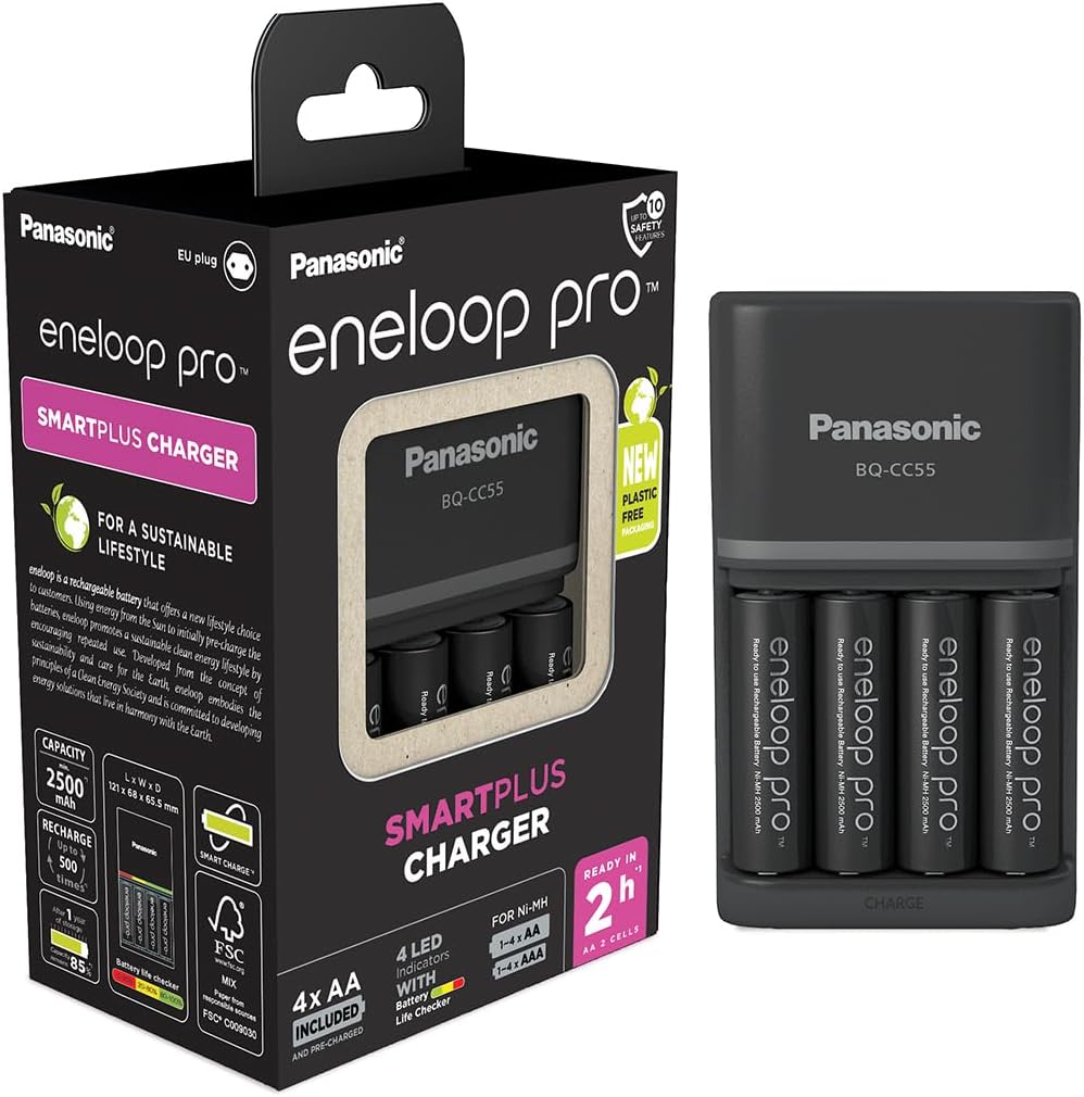 Ładowarka Panasonic eneloop SmartPlus + 4 akumulatory eneloop AA/Mignon, min. 2500 mAh, czarna