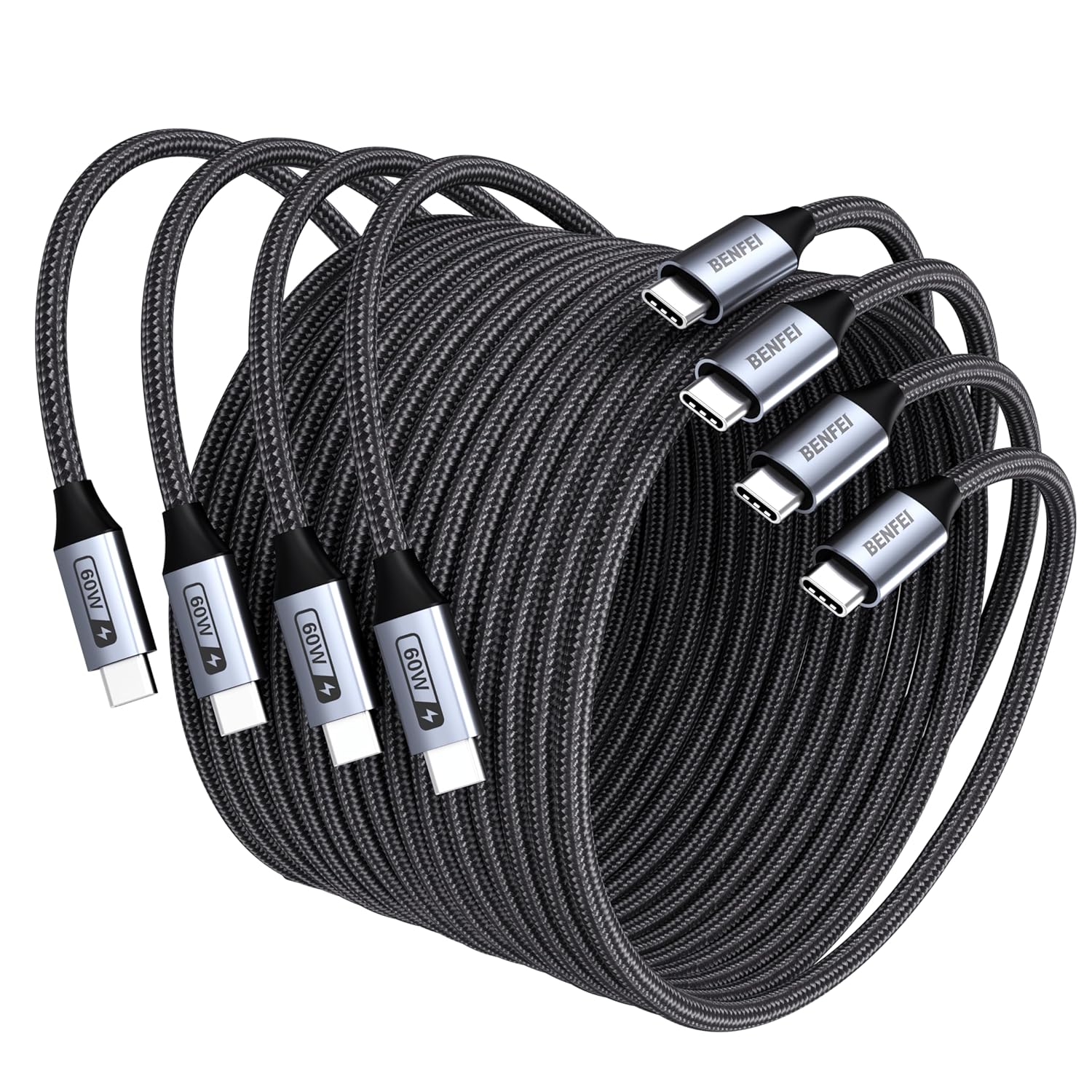 4 SZTUKI - Kable BENFEI USB-C do szybkiego ładowania 60W, w oplocie, 2x1 metr i 2x2 metry)