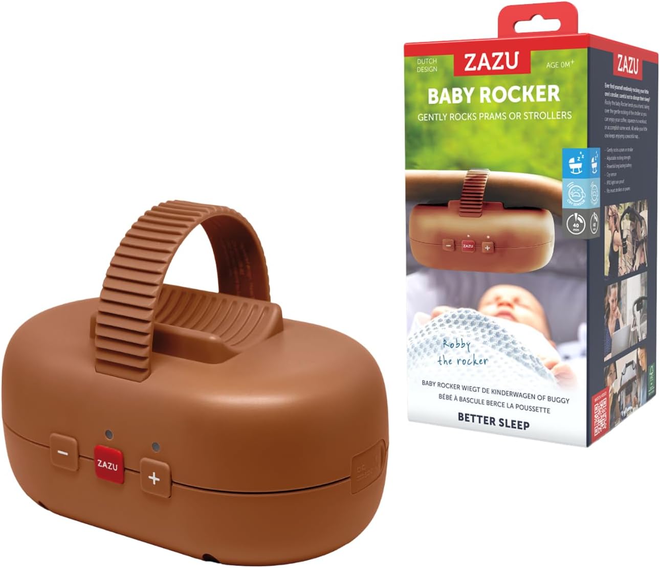 ZAZU Robby Automatyczna huśtawka do wózków dziecięcych i buggies (brązowy), regulowana, timer, czujnik płaczu, akumulator USB, wodoodporna