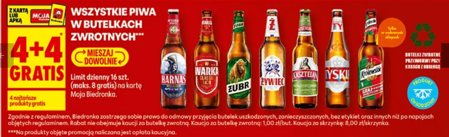 Wszystkie piwa w butelkach zwrotych (4+4 GRATIS)