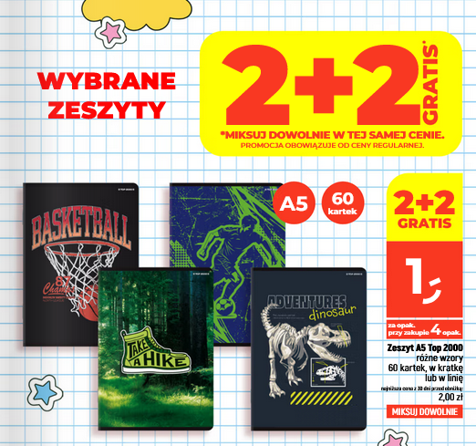 Zeszyt A5 TOP 2000, różne wzory, 60 kartek, w kratkę lub w linie (2+2 GRATIS)