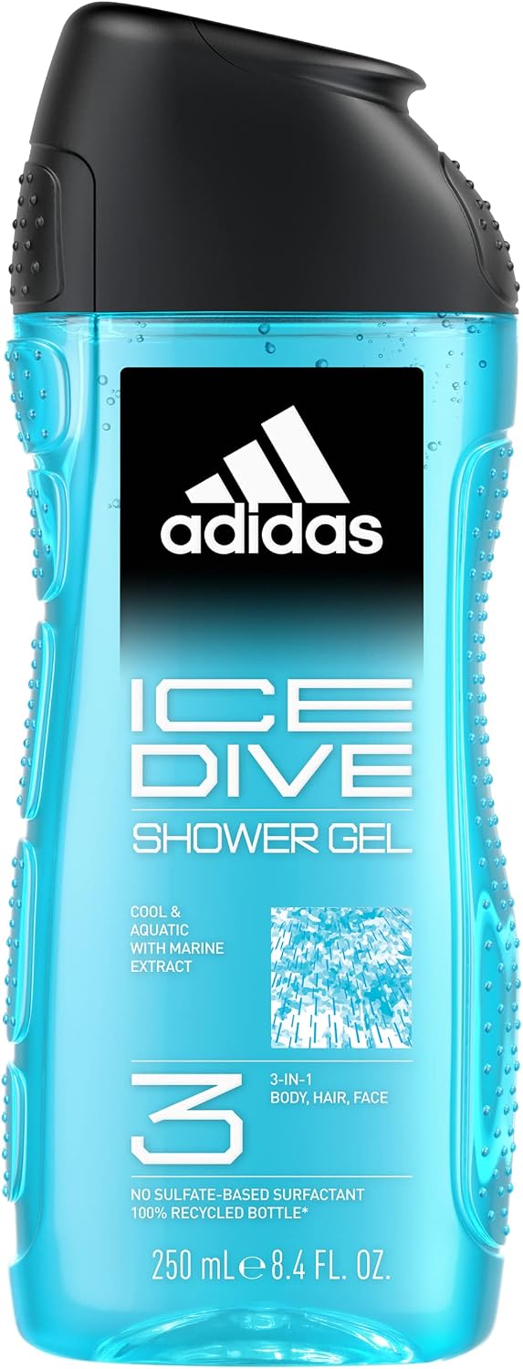 Adidas, Ice Dive żel pod prysznic do kąpieli 3w1 do ciała, włosów i twarzy, wegańska formuła, 250ml