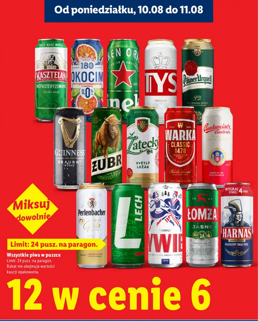 Wszystkie piwa w puszczce (kaucjowane), 500 ml - 12 w cenie 6 - LIDL