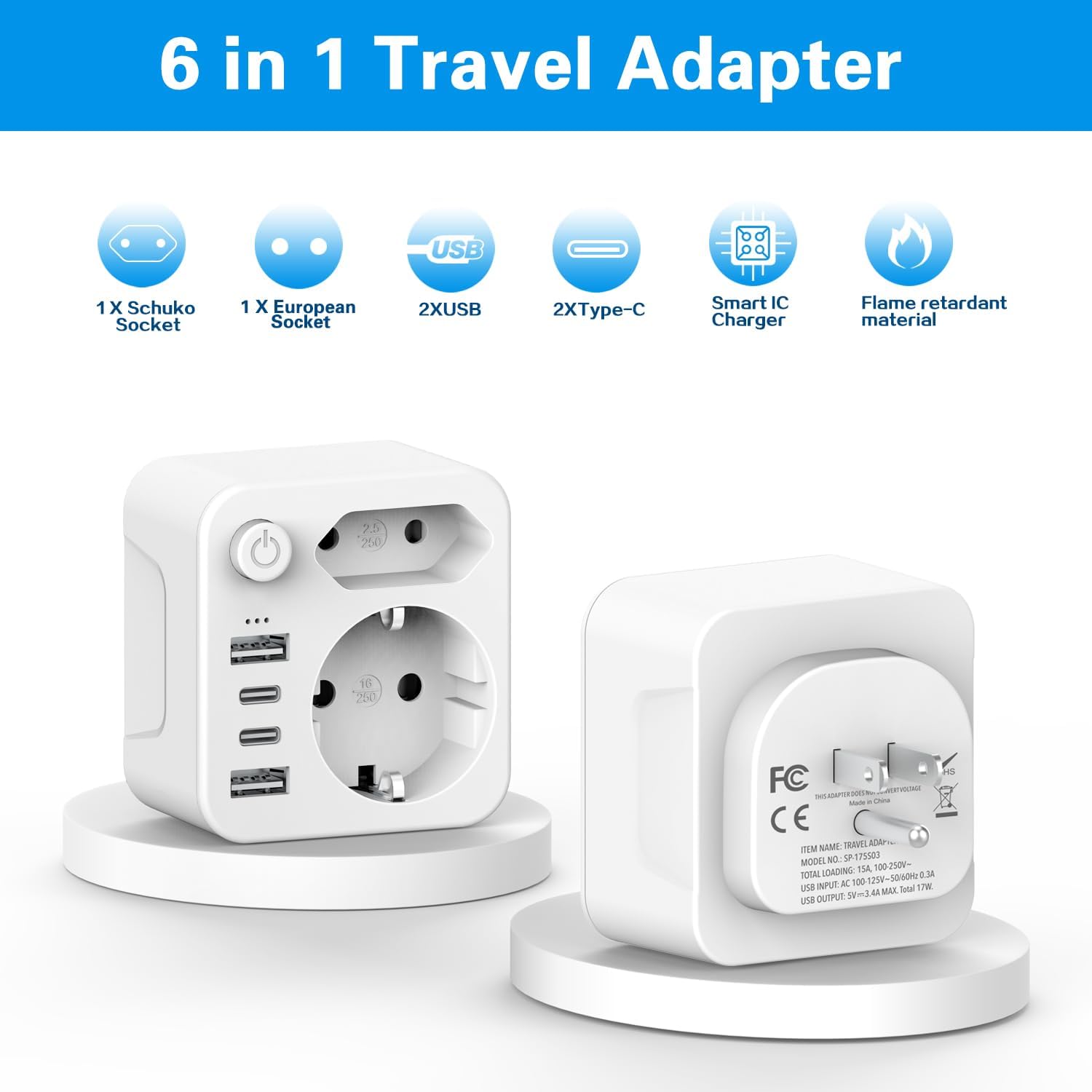 Adapter USA, Kanada, Francja z 2 USB-A i 2 USB-C 3.4A, europejski na US, Meksyk, Tajlandia, typu B