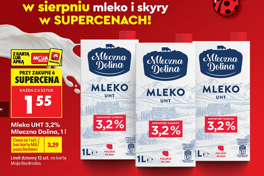 Mleko UHT 3.2% Mleczna Dolina, 1 L (przy zakupie 6 opakowań)