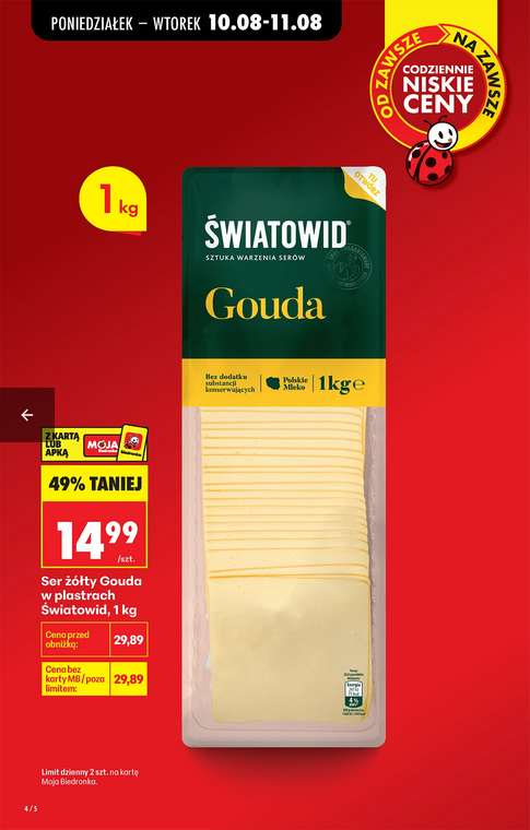 Ser żółty Gouda, w plastrach Światowid, 1 KG