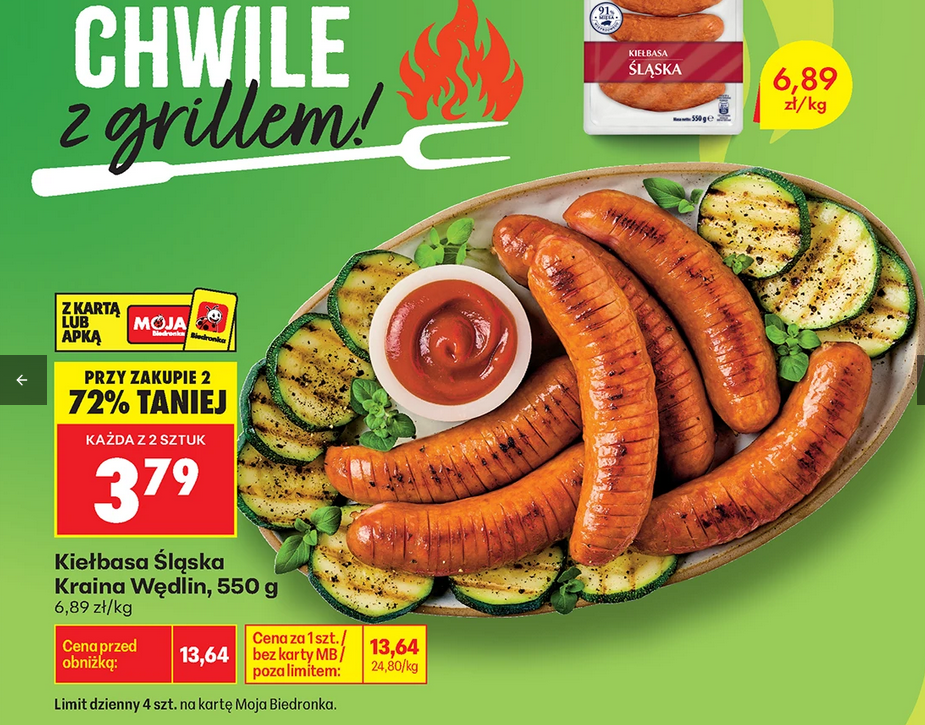 Kiełbasa Śląska Kraina Wędlin, 550g (6.89 PLN za kg - przy zakupie 2 opakowań)