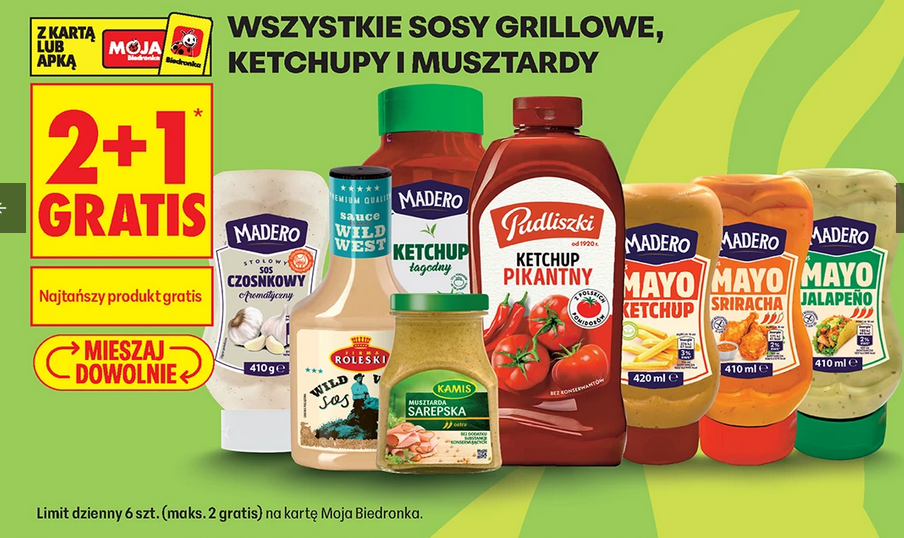 Wszystkie sosy grillowe, ketchupy i musztardy (2+1 GRATIS) - Biedronka