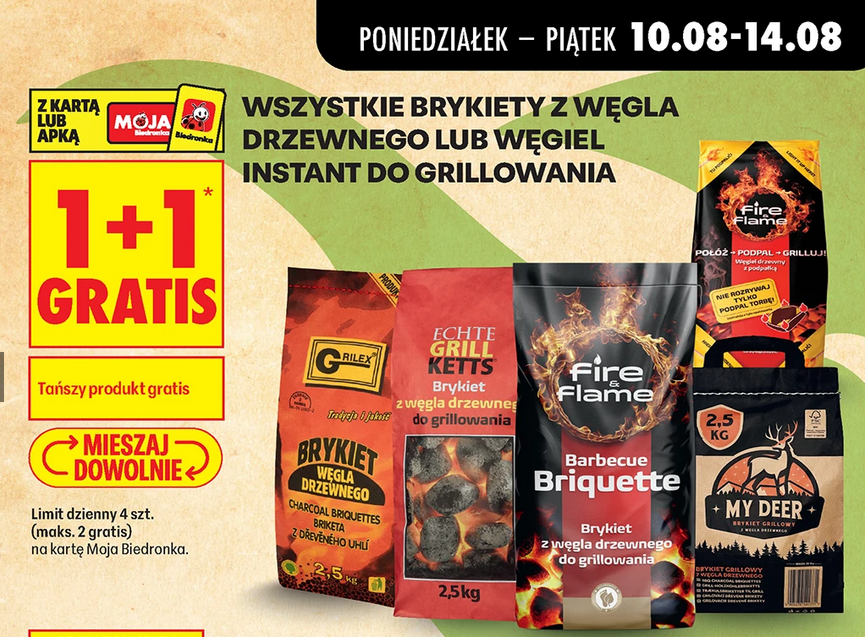 Wszystkie brykiety z węgla drzewnego lub węgiel instant do grillowania (1+1 GRATIS) - Biedronka