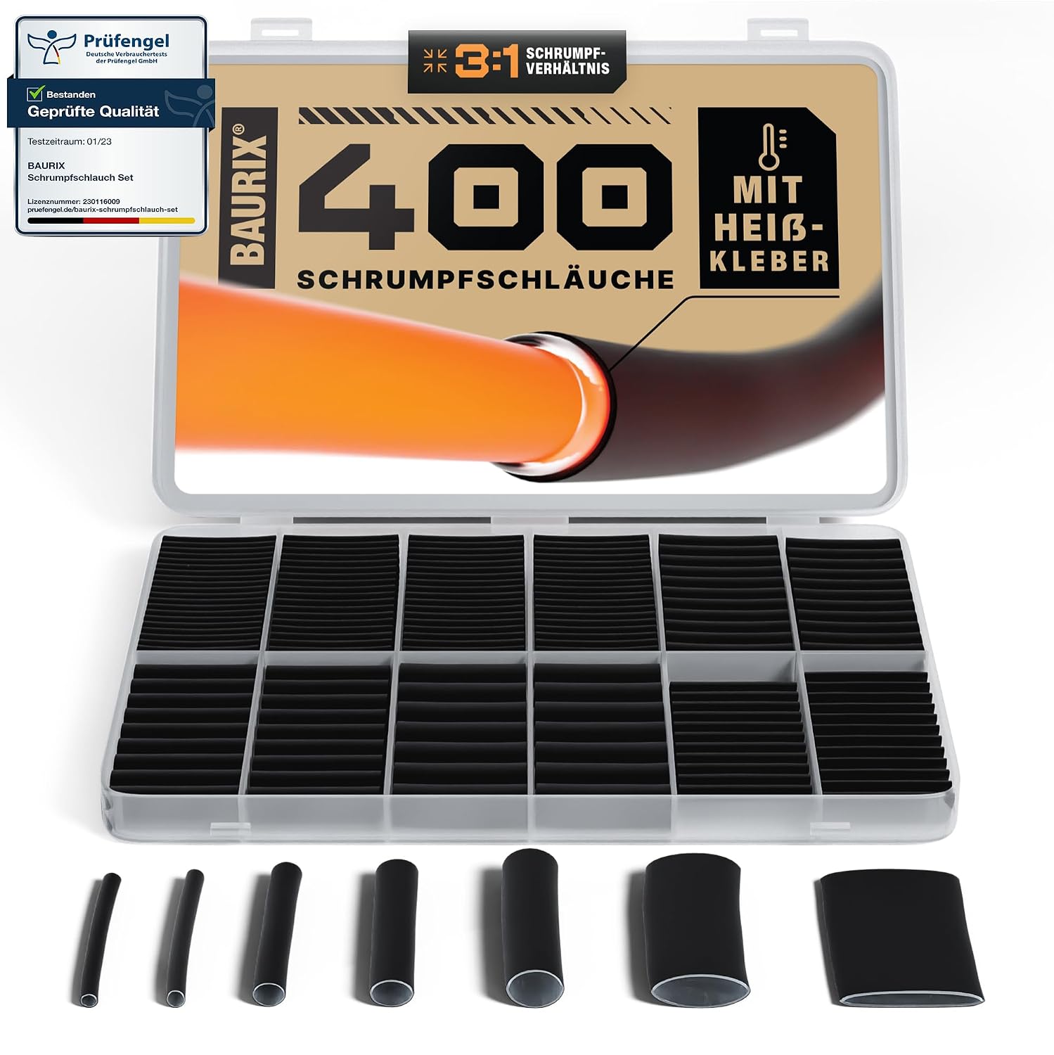 400 SZTUK - BAURIX® Zestaw Rurek Termokurczliwych, Współczynnik Kurczenia 3:1