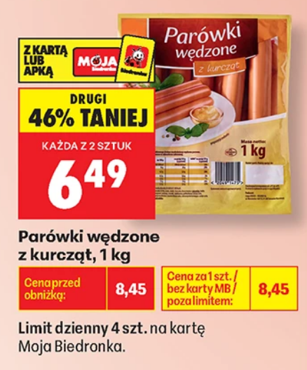 Parówki wędzone z kurcząt, 1 kg (przy zakupie 2 opakowań) - Biedronka