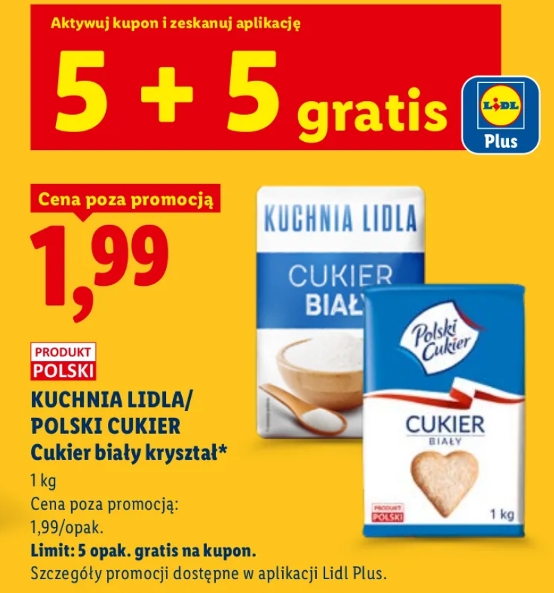 POLSKI CUKIER/KUCHNIA LIDLA Cukier biały kryształ, 1 KG (5+5 GRATIS)
