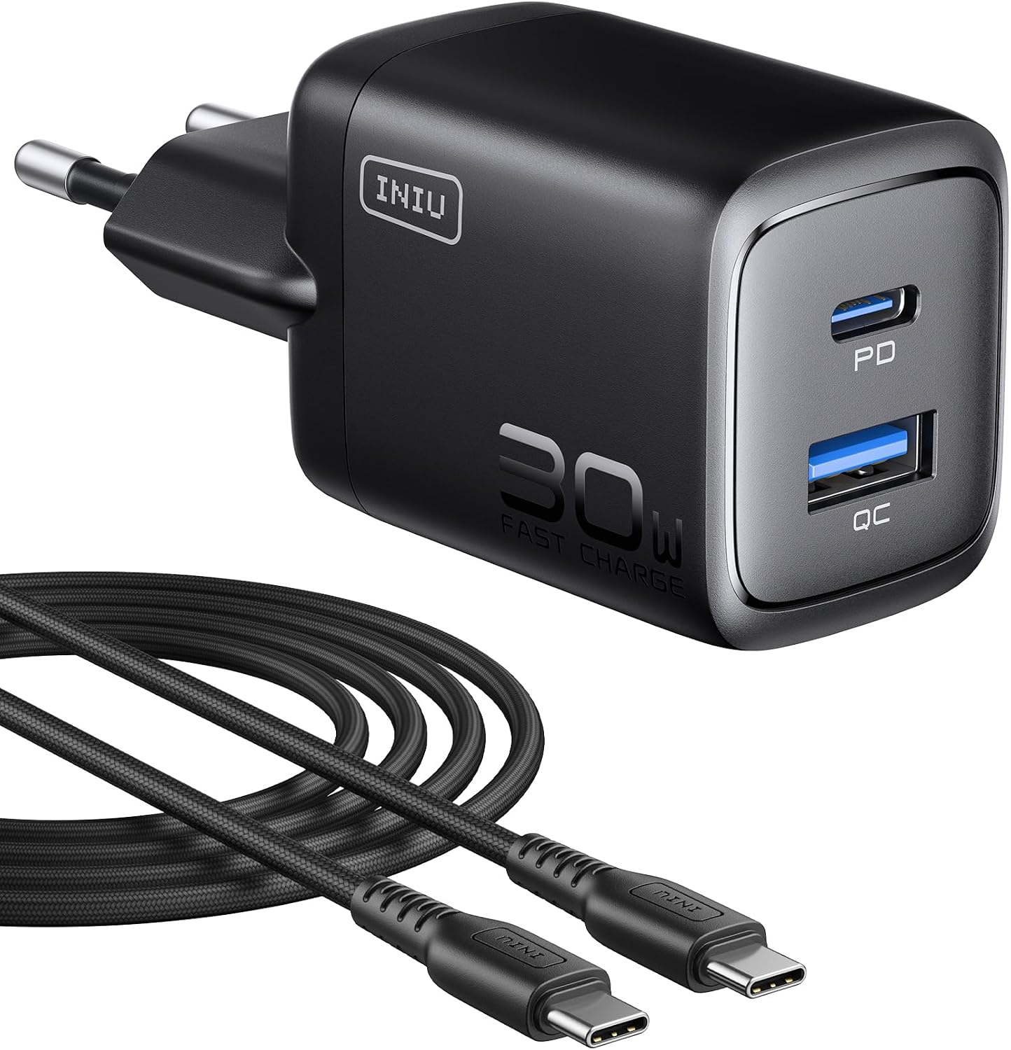 INIU Ładowarka USBC 30 W, 2 Porty [USB-C + USB-A], PD 3.0 + kabel ładujący 60W USB-C