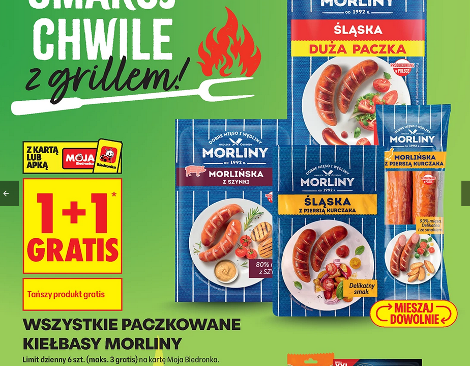 Wszystkie paczkowane kiełbasy MORLINY (1+1 GRATIS)
