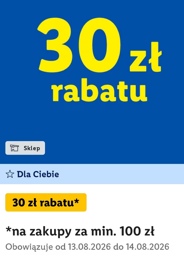 KUPON -30 PLN przy zakupach za min. 100 PLN (konta rzadko używane) - LIDL