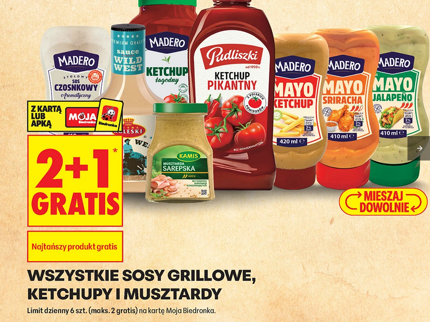 Wszystkie sosy grillowe, ketchupy i musztardy (2+1 GRATIS)