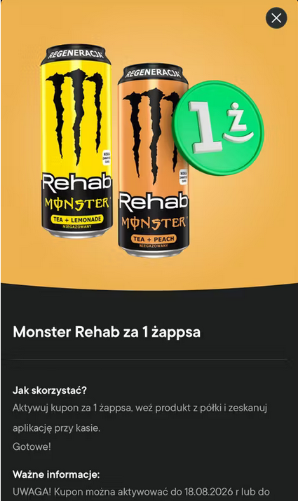 Monster REHAB, 500 ml (2 rodzaje) do odebrania w Żabce za 1 żapps'a