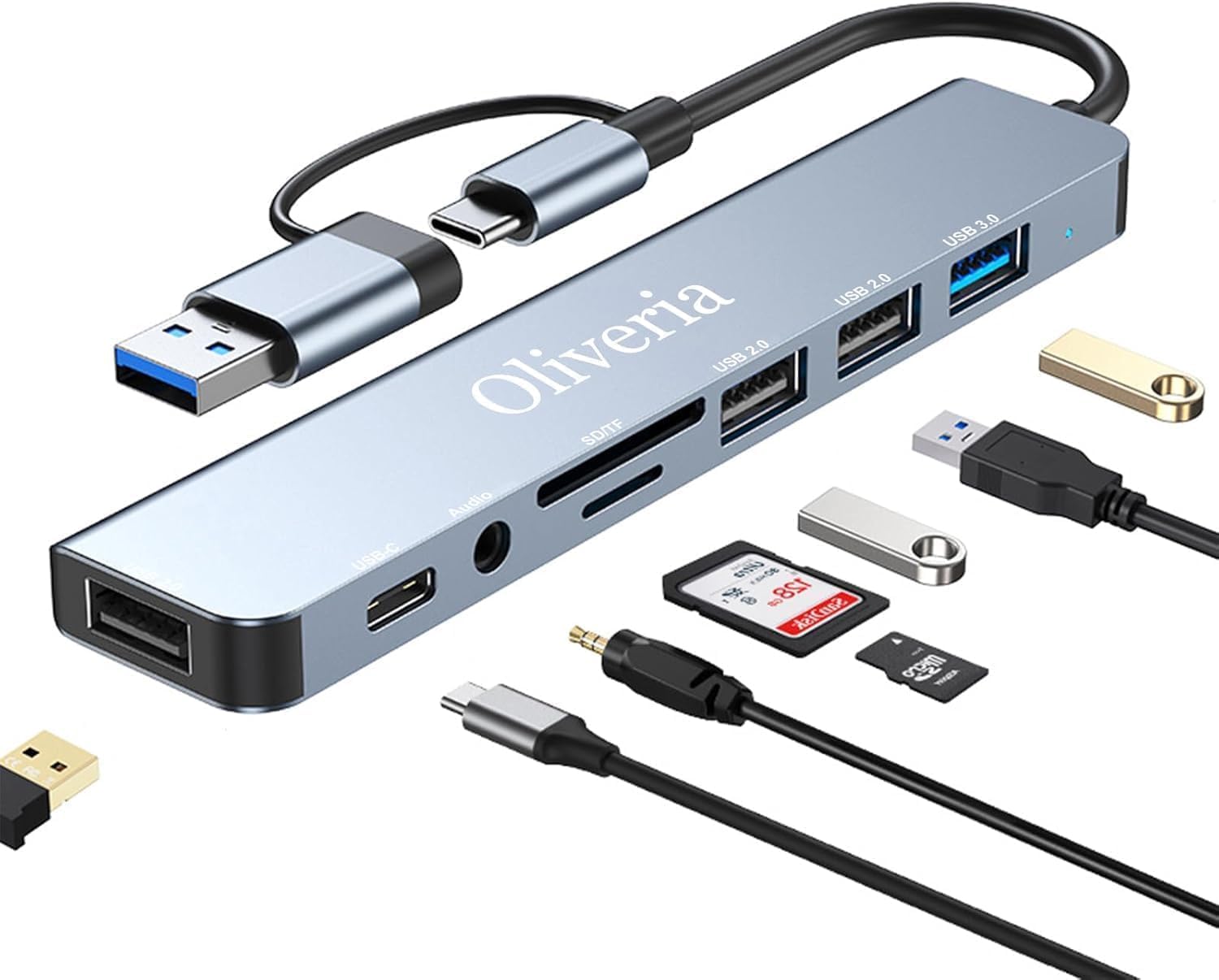 Oliveria Hub USB-C 3.0, 8w2, z czytnikiem kart SD i TF, portami USB 3.0 i 2.0, złączem audio 3,5 mm
