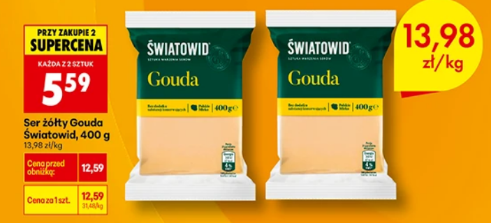 Ser żółty GOUDA Światowid, 400g (przy zakupie 2 opakowań) -13.98 PLN/kg - Biedronka