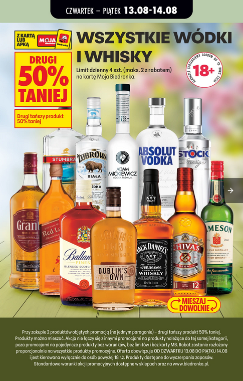 Wszystkie wódki i whisky - drugi produkt 50% taniej - Biedronka