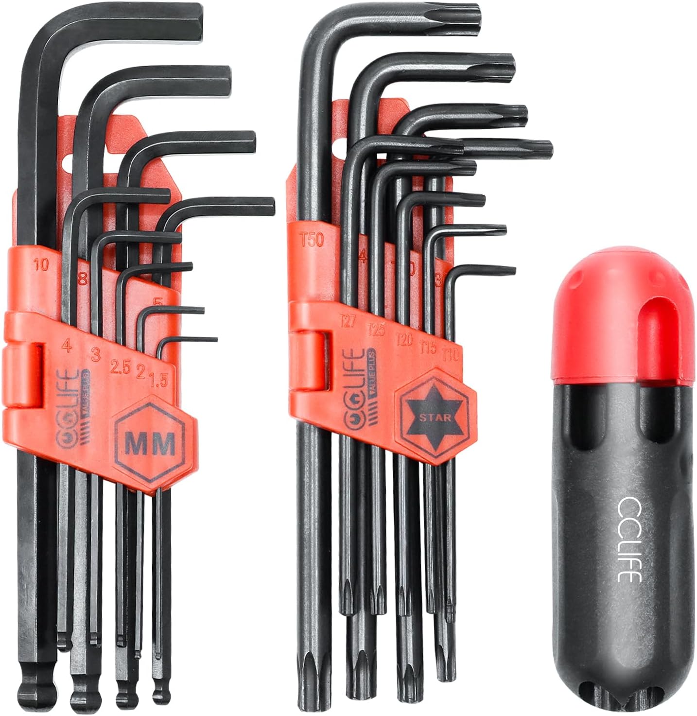 CCLIFE Torx 19-częściowy zestaw kluczy imbusowych z uchwytem, TX klucz kątowy 1,5 mm-10 mm & T10-T50, Cr-V