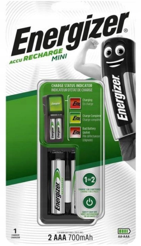 Ładowarka ENERGIZER MINI ładuje R6 AA R3 AAA + 2x akumulatorki R03 700mAh