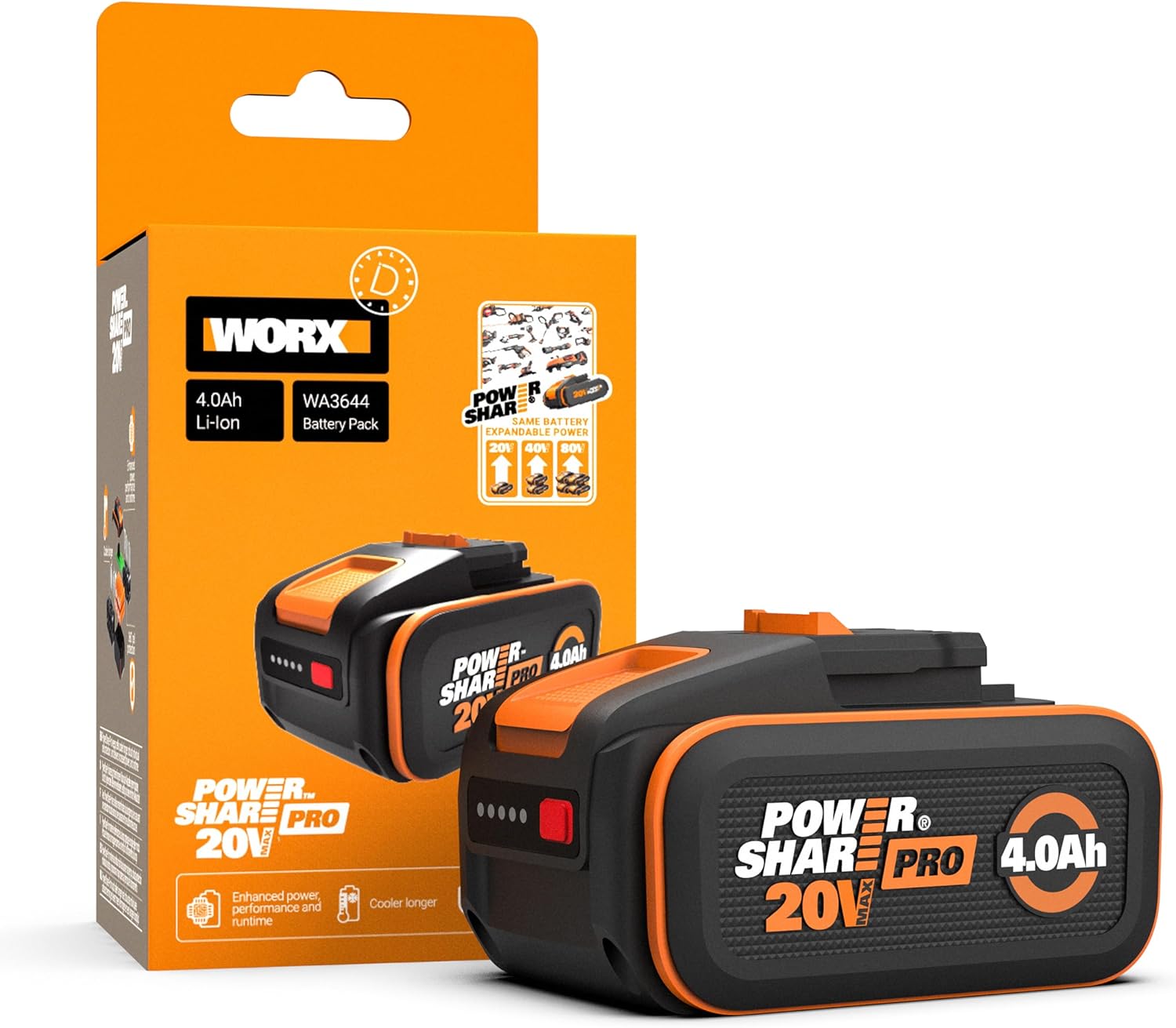 Worx Wa3644 Powershare Pro Akumulator Litowo-Jonowy, Czarny/Pomarańczowy, 20 V - 4,0 Ah