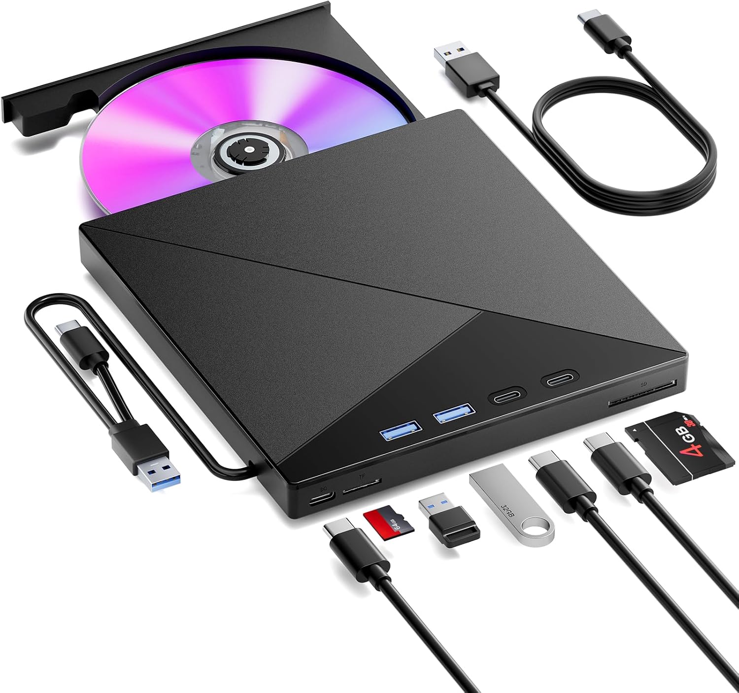 BNEHHOV, Zewnętrzny napęd CD/DVD Przenośna Nagrywarka Odtwarzacz 7w1 z czytnikiem kart i hubem USB