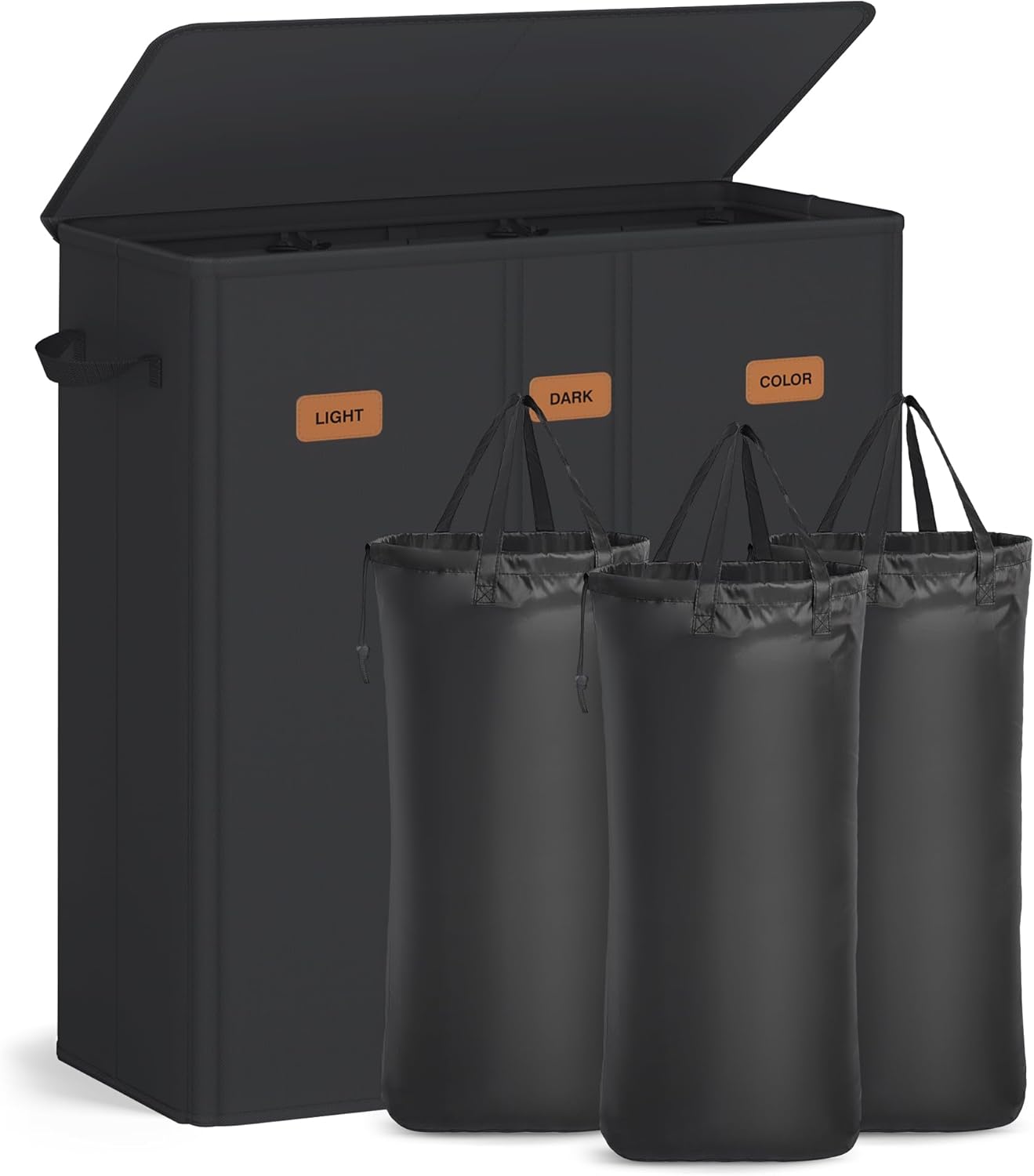 SONGMICS Kosz na pranie z 3 przegródkami, 160 l, z pokrywką, 5 etykietami + 3 torby, czarne