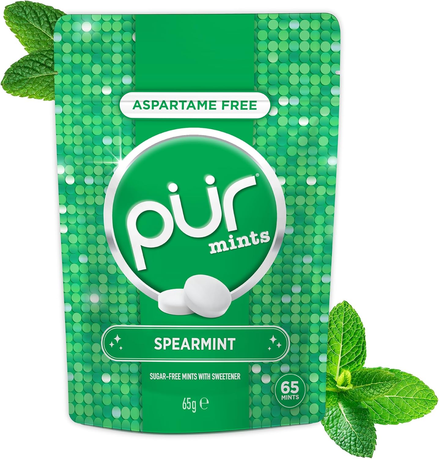 PUR Mints | Miętówki bez aspartamu | Słodzone ksylitolem | Bez cukru, wegańskie, bezglutenowe | Mięta Zielona | 65 szt. (1-pak)