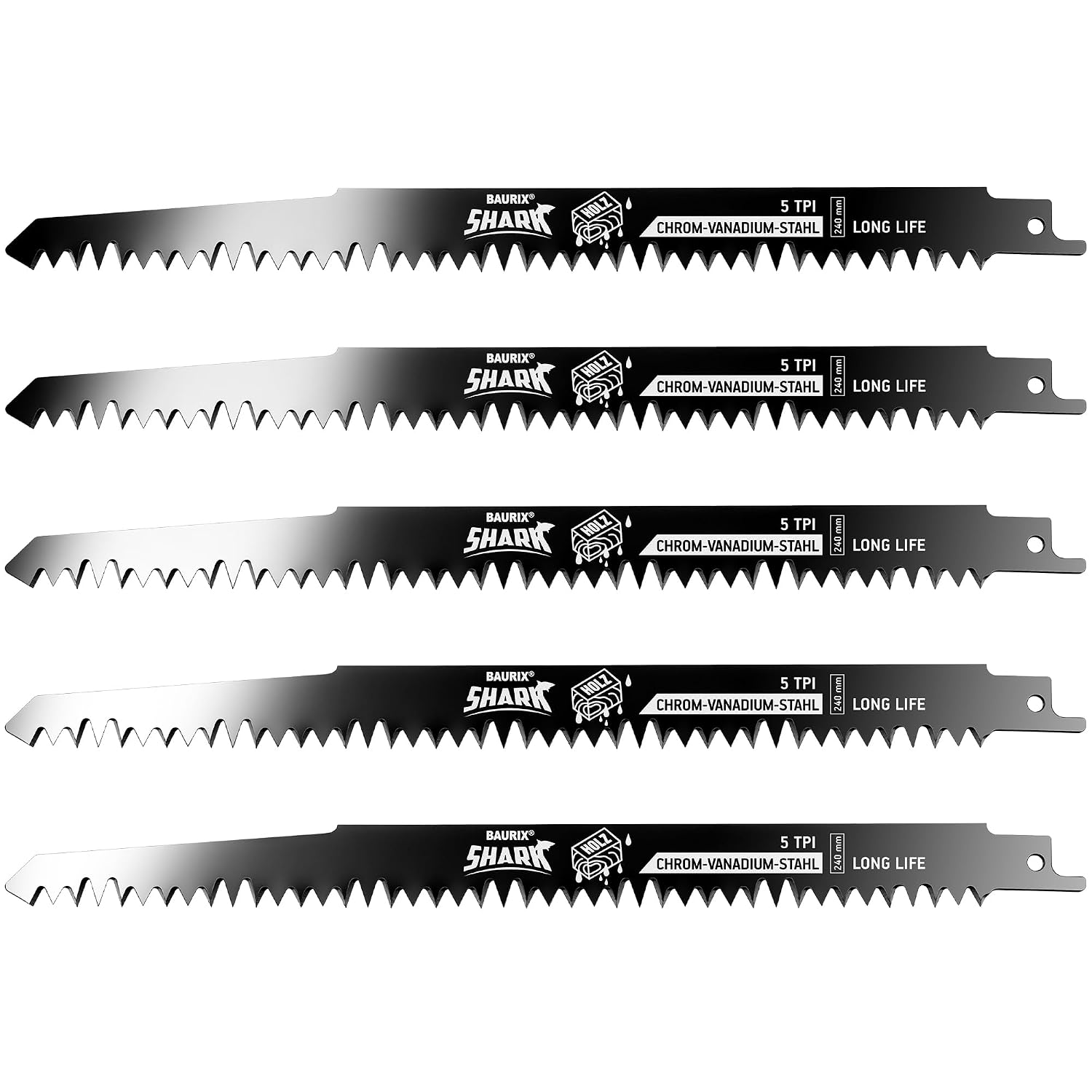 BAURIX® Brzeszczoty do piły szablastej 5 szt. 240 mm – 5 TPI, do drewna