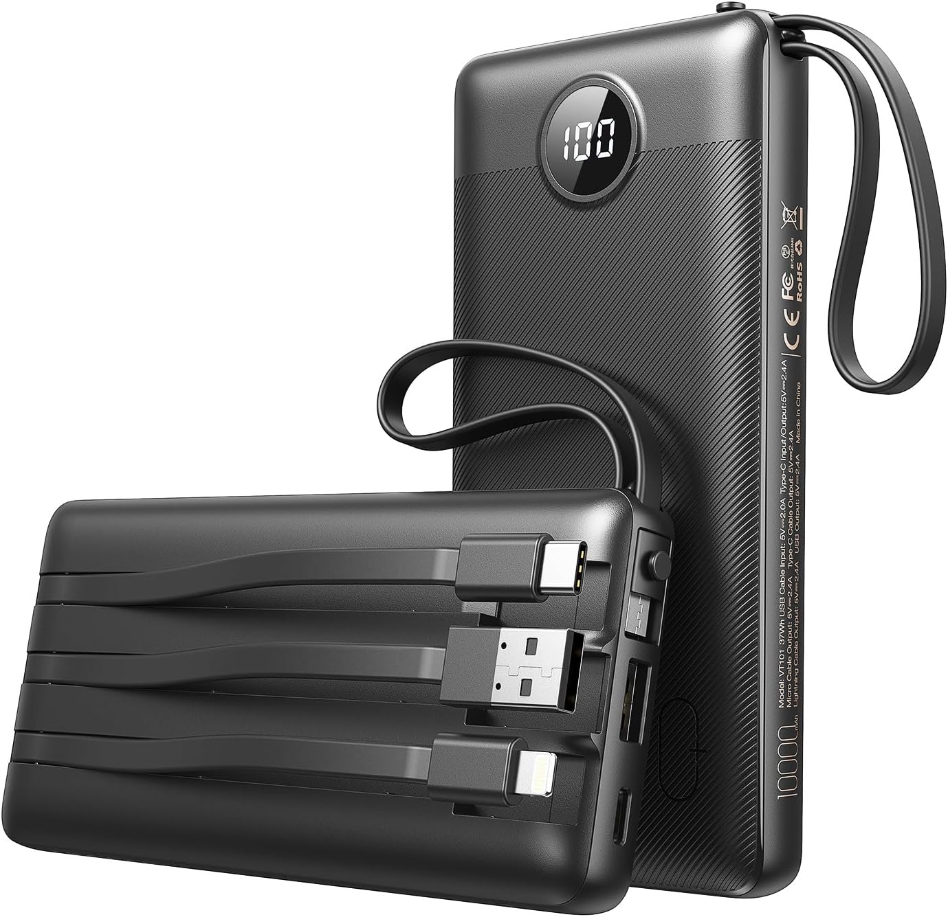 VEEKTOMX Power Bank 10000mAh z wbudowanymi kablami