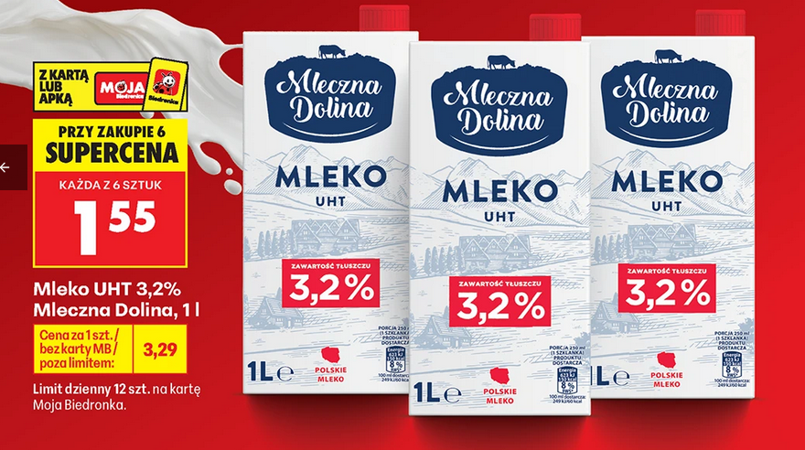 Mleko UHT 3.2% Mleczna Dolina, 1 L (przy zakupie 6 opakowań) - Biedronka