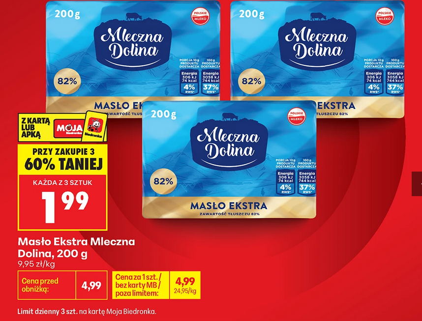 Masło Ekstra Mleczna Dolina, 200g (przy zakupie 3 opakowań) - Biedronka