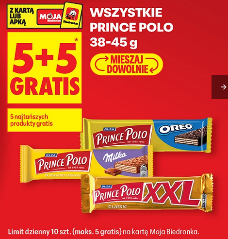 Wszystkie wafelki Prince Polo, 38-45g (5+5 GRATIS) - Biedronka