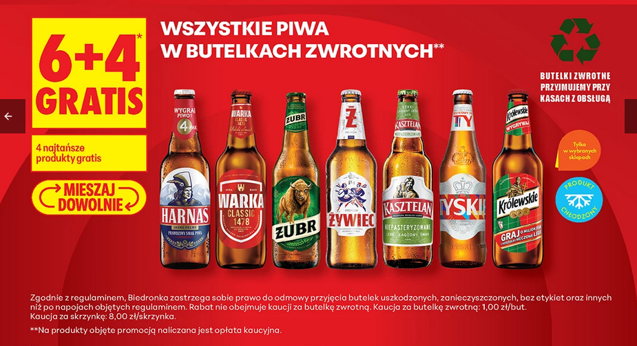 Wszystkie piwa w butelkach zwrotnych (6+4 GRATIS) - Biedronka