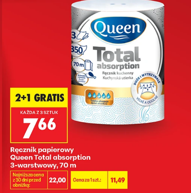 Recznik papierowy Queen Total Absorption 3-warstwowy, 70m (2+1 GRATIS) - Biedronka
