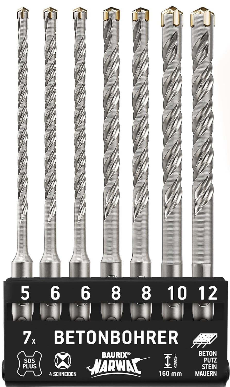 BAURIX® NARWAL, Wiertła SDS Plus do betonu 7 szt. – 5-12 mm, 160 mm
