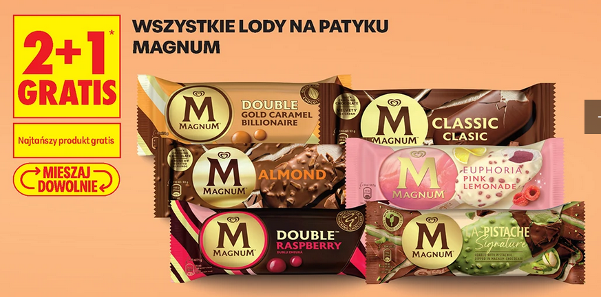 Wszystkie lody na patyku MAGNUM (2+1 GRATIS) - Biedronka