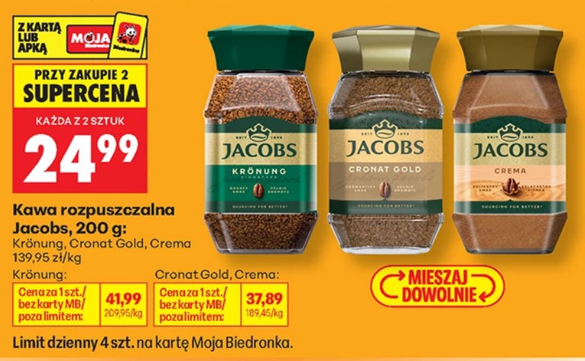 Kawa rozpuszczalna Jacobs, 200g, różne rodzaje (przy zakupie 2 op.) - Biedronka