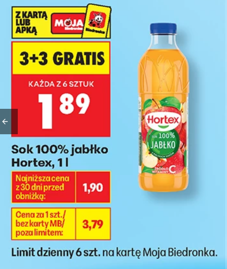 Sok 100% jabłko HORTEX, 1 L (3+3 GRATIS) - Biedronka