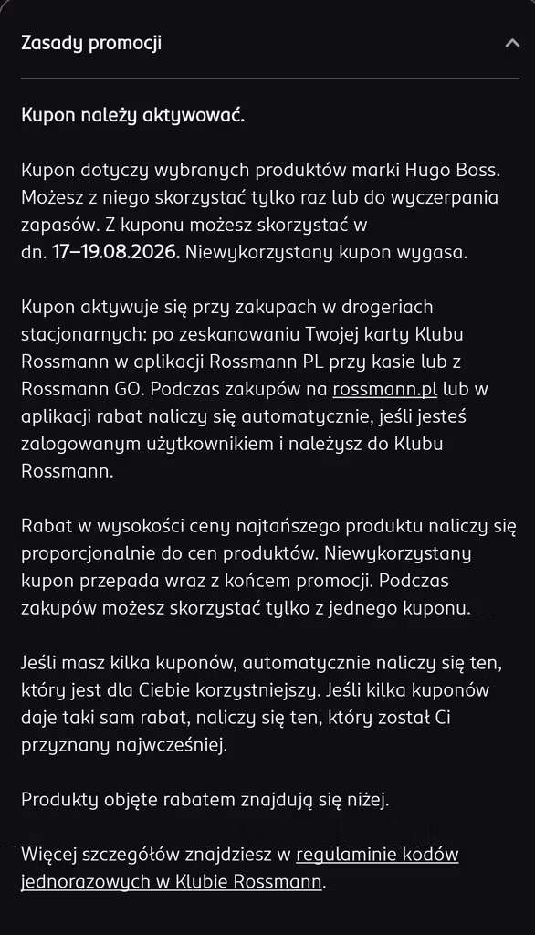 KUPON 1+1 GRATIS na wybrane prod. Hugo Boss (również na produkty przecenione) - ROSSMANN
