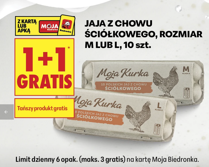 Jaja z chowu ściółkowego rozmiar M lub L, 10 szt. (1+1 GRATIS) - BIedronka